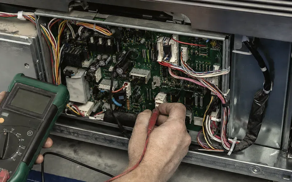 Technician testing a green control board with a green-cased multimeter, its wiring harness bundled to one side.