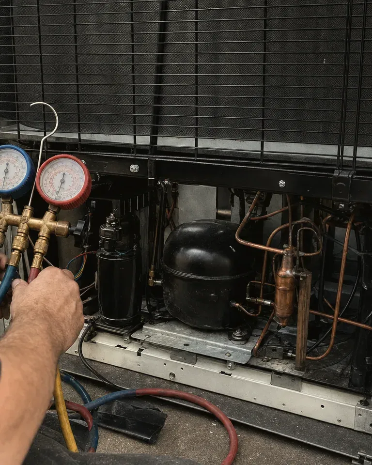 Technician holding a red-and-blue refrigerant gauge set at the open compressor bay of a built-in unit.